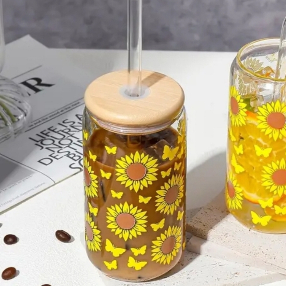 Sunflower Pattern Glass Jar‎ Mug Cups with Wooden Lids & Straws,